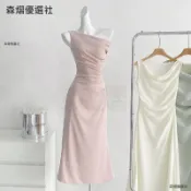 【森熠】✨洋裝 從一時刻比弗利嬌妻蕩領斜肩連衣裙法式氣質女三色收腰魚尾裙 斜肩連身裙 晚會派對禮服 無袖長