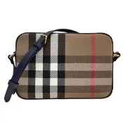 【BURBERRY 巴寶莉】40571571 經典格紋Haymarket PVC皮革飾邊水桶款肩背/斜背包(紅色)