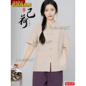 女生居士服 唐裝 素麵上衣 修道 禮佛 茶道 靈修 中國風 夏季棉麻複古青年漢服 中國風唐裝 男女衕款短袖新中式中山裝居