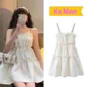 法式顯白少女收腰性感細肩帶洋裝 學院風雪紡吊帶連衣裙 澎澎裙 A字裙 連身裙 小個子洋裝 平口洋裝 赫本風 白色洋裝