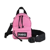 【Balenciaga 巴黎世家】BALENCIAGA EXPLORER布標LOGO後背包造型帆布拉鍊斜背包(迷你/粉紅)