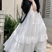 白色半身裙蛋糕裙女夏季新款垂墜感大裙擺寬松長裙荷葉邊傘裙#Hi, 享樂百貨#