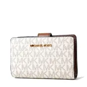 【Michael Kors】金字緹花小LOGO防刮皮革釦式中夾-香草白