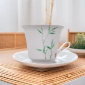 手繪薄胎斗笠杯 功夫茶具 品茗杯 陶瓷茶杯 家用 中式 竹紋 潮汕茶器 手作茶碗