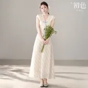 初色 法式V領短袖花邊蕾絲拼接條紋蝴蝶結緞帶收腰中長裙連衣裙連身洋裝-藍白條紋-50430(M-2XL可選)