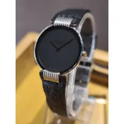 二手 實品在台北 法國迪奧Christian Dior 黑月亮銀色 黑面石英皮帶女錶 46263