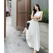 【夏日新款】夏裝女 茶歇法式設計感 白色無袖背心連衣裙 禦姐裙 長裙 大裙擺 吊帶洋裝 海邊洋裝 吊帶連衣裙 夏天洋裝 