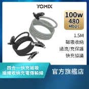【YOMIX優迷】PD100W四合一快充磁吸編織收納充電傳輸線1.5M (安卓APPLE適用/手機/平板/筆電)