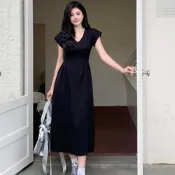 La Belleza氣質絕美獨特圓領收腰顯瘦抓皺棉質過膝大擺裙連身裙洋裝