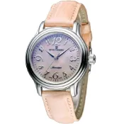 (福利品) REVUE THOMMEN 梭曼錶 自動機械女錶(12500.2536) 珍珠母貝錶盤x粉橘皮帶/34mm(錶帶褪色)