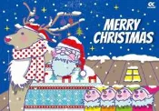 C節慶酷卡明信片 Merry Christmas 聖誕節快樂 馴鹿戴圍巾 聖誕老人 雪撬（背面空白可書寫郵寄）