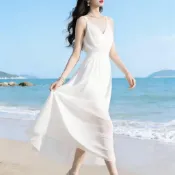 【限時大促】紅色雪紡吊帶洋裝女海邊度假長裙V領收腰大擺飄逸沙灘裙拍照