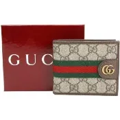 【GUCCI 古馳】Ophidia GG 綠紅綠織帶老花對折短夾-烏木色