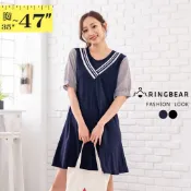 學院風假兩件V領條紋公主袖魚尾裙襬短袖圓領連身裙(黑.藍L-3L) 眼圈熊 中大尺碼 D615