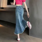 yang de 牛仔半身裙女春夏 設計感小眾魚尾裙A字長裙寬鬆胖m裙子潮