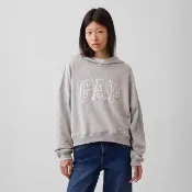 【GAP】休閒短版Gap Logo毛圈布連帽上衣-淺麻灰(911052)