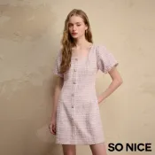 SO NICE【特惠】浪漫紫小香風方領公主袖收腰花呢洋裝｜都會時尚女裝【75544009】