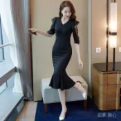 觀霧限時搶完截止💰 中長款連衣裙2025新款夏氣質顯瘦荷葉邊女神範性感修身包臀魚尾裙韓係連衣裙 韓係洋裝 夏季連衣裙 洋
