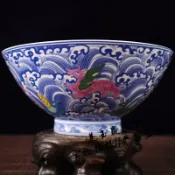 協貿國際日用品生活8館 古玩陶瓷器收藏 青花加彩瑞獸圖紋斗笠大碗 家居擺件工藝品禮品