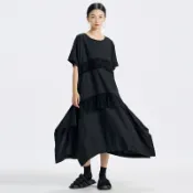 大眼睛【山本風女裝】短袖洋裝-2色暗黑風不規則短袖洋裝-夏季多層荷葉網紗拼接寬鬆大擺遮肉A字裙