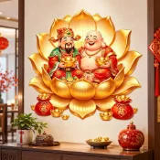 🔥臺灣出貨🔥牆貼 財神爺彌勒佛金蓮自黏壁貼 客廳玄關牆面裝飾 居家招財祈福 新年春節佈置 吉祥貼紙 福祿雙全招財進寶