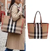 BURBERRY LONDON格紋帆布托特包(棕色)