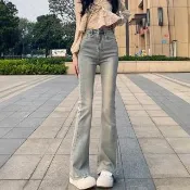 【D.studio】韓版美式直筒高腰淺色微喇叭牛仔褲 喇叭褲 寬褲 褲子 長褲  牛仔長褲 夏季女裝 拖地褲 P430