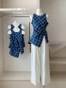75303  復古緊身開叉藍色格子背心女無袖上衣