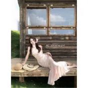 𝑨𝑮 - 𝒂𝒎𝒖𝒔𝒊𝒏𝒈 𝒈𝒊𝒓𝒍𓈒漫花沁粉🌷法式浪漫絲絨提花魚尾裙長洋裝 度假洋裝 粉色洋裝 包臀洋裝 印花洋裝