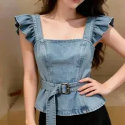 女式牛仔背心配腰帶荷葉邊袖飛袖牛仔背心上衣蝴蝶結後合身襯衫