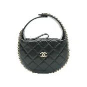 Chanel 菱格羊皮淡金釦手提彎月包(AP3095-黑)