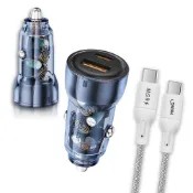 (店+)【WELLY】急速供電 PD60W急速充電 PD+QC淨透雙孔車充頭+65W Type-C to Type-C 傳輸充電線(100cm)