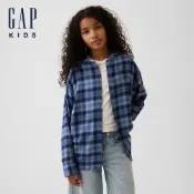 【GAP】兒童加大版連帽法蘭絨襯衫-藍色格紋(910778)