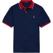 (店+)【RALPH LAUREN】711963479-002 小馬刺繡條紋滾邊透氣棉質網眼雙紐Polo領套頭短袖羅紋袖口Polo衫 混發 男款 藍色