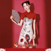 【現貨S-XXL秒出】絕代風華復古印花短旗袍 前開衩A擺連身裙 性感改良洋裝｜水水女人國