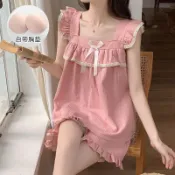 睡衣夏天女帶胸墊甜美豆沙粉小飛袖短褲兩件套裝夏季飛飛袖睡衣薄