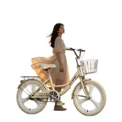 【匠俱】22寸城市通勤復古低跨點淑女車-時尚米色胎(一體三刀輪/前後雙制動/加大置物籃/輻條輪)