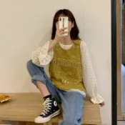 銀聯網日用品生活館 套裝兩件套初秋女寬松鏤空無袖針織馬甲背心+圓領波點長袖襯衫潮1入