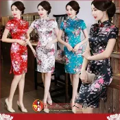 優雅浪漫短旗袍女氣質印花時尚改良式修身短袖短款連身裙洋裝-百花(4色)S-6XL有加大尺碼-水水女人國