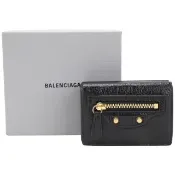 【Balenciaga 巴黎世家】Le City Arena Storico 揉製羊皮復古金三折迷你扣式短夾-黑色