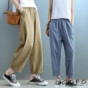 GOFO 長褲 韓系顯瘦 高腰寬鬆遮肉 舒適棉麻 鬆緊腰圍 前後口袋 哈倫褲 老爺褲 休閒褲 女裝 夏季 夏天 中大尺碼