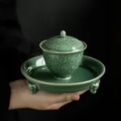 全球選品1館 生活百貨 青瓷纏枝蓮三才蓋碗高檔三足壺承茶承家用小號陶瓷功夫茶具泡茶碗