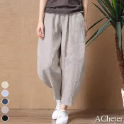 【ACheter】復古文藝寬鬆棉麻鬆緊百搭休閒九分褲110432