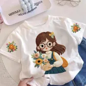 COD 女孩拿著向日葵花束兒童 T 恤棉短袖人造刺繡印花女孩 1-14 歲