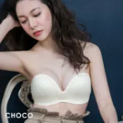 Choco Shop 輕戀漫舞 無肩帶深V緞面包邊蕾絲款(米黃色) 70B-80C