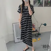 初色 小香風撞色條紋圓領長版T恤上衣短袖連身裙洋裝-黑條紋-33877(M-4XL可選/現貨+預購)