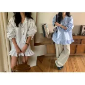 現貨 好品質實拍韓國東大門小眾oversize泡泡袖襯衫洋裝木耳邊拼接條紋襯衫洋裝女復古條紋襯衫魚尾裙泡泡袖條紋洋裝