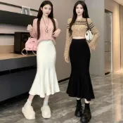 (店+)【OOTD全尺碼】修身顯瘦魚尾裙女 半身裙 針織裙 包臀裙 甜辣風 高腰A字裙 中長裙 秋冬款百搭 加厚中長款裙子