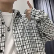 春秋款格子襯衫男寬鬆港風復古感經典韓版長袖襯衣男裝外套潮上衣氣球袖 連帽外套 棉質 大布外套 雙拉鍊 大絨布 寬鬆 寬袖