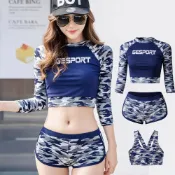 Biki 比基尼妮 .迷彩長袖露肚帥氣三件式泳裝泳衣(M-XL)